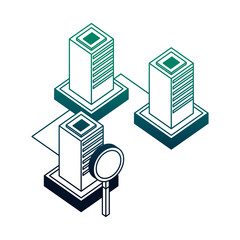 three database center storage network magnifying glass