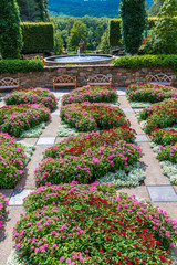 Pink and Red Phlox in Garden with Fountain