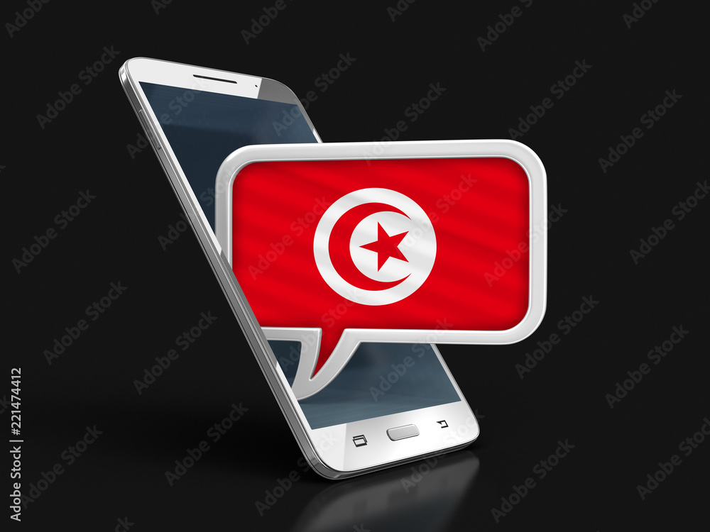 Poster touchscreen smartphone and speech bubble with tunisian flag.