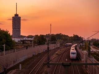 Sunset in Augsburg with railway and tower