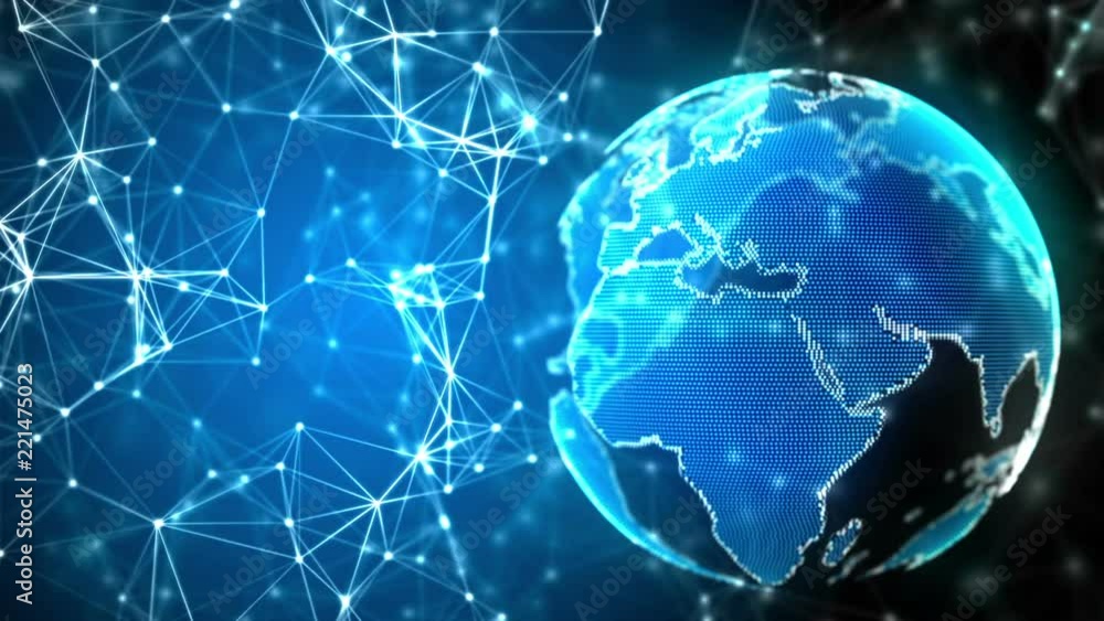 Poster Animated lines and nodes plexus structure being pushed by inflating blue Earth globe. Technology and engineering motion background. Depth of field settings. 3D rendering.