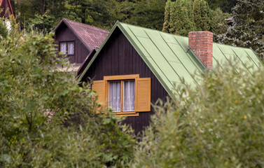 Fototapeta na wymiar colorful roofs of two small houses with a chimney peeping between the trees in the woods background in the summer