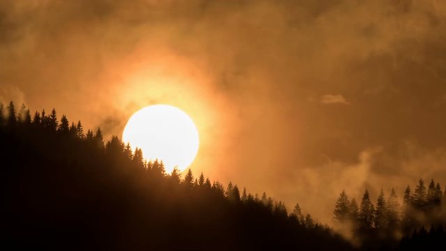 Dramatic sunset over dark forest Time lapse