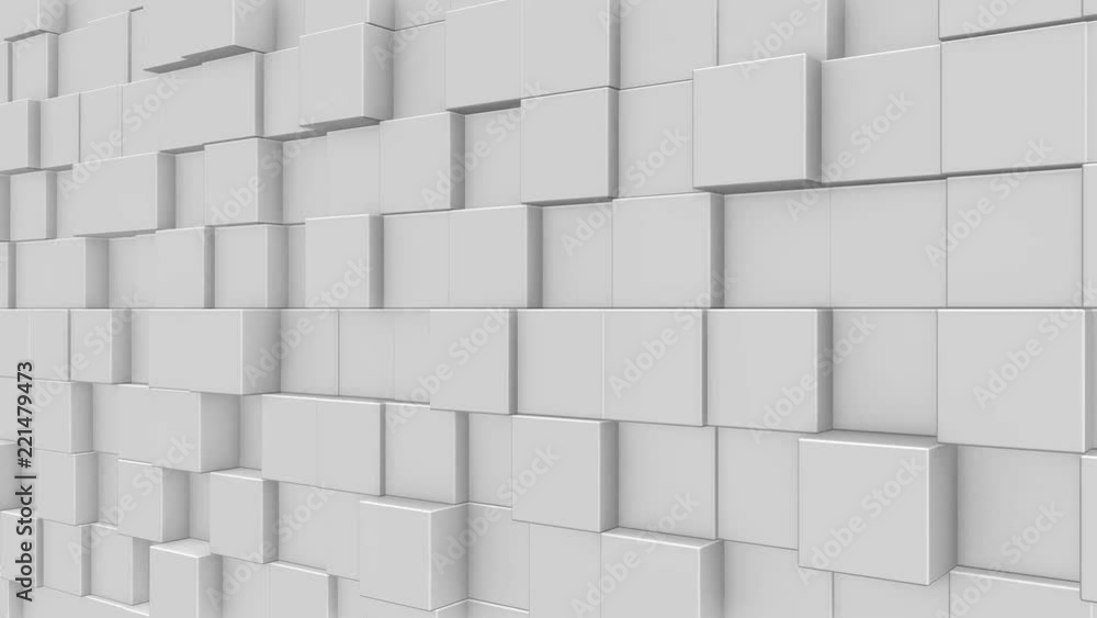 Poster abstract dynamic white cube blocks wall with random motion. realistic plastic texture. 3d rendering.