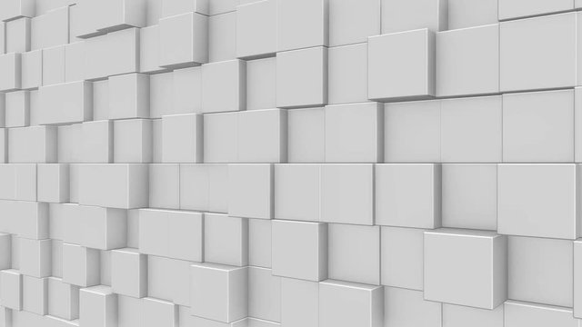 Abstract dynamic white cube blocks wall with random motion. Realistic plastic texture. 3D rendering.