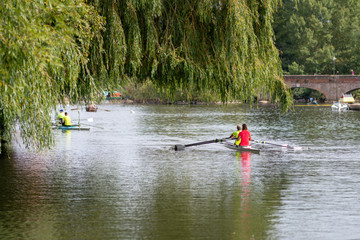 racing boats under willow tree with arched bridge in background