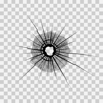 hole from a bullet in the glass on a transparent background