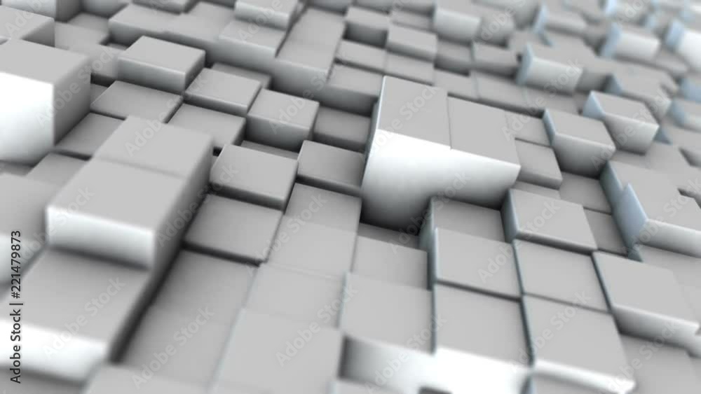 Poster abstract dynamic white cube blocks field with random motion and depth of field settings. realistic m