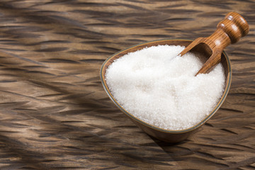 White granulated sugar and refined sugar. Top view