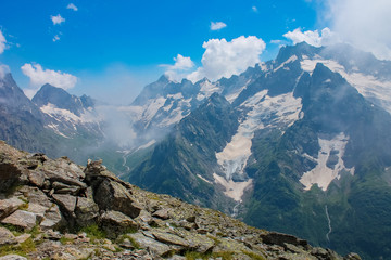 Summer mountain landscapes of Karachay Cherkessia, Dombay, Western Caucasus.