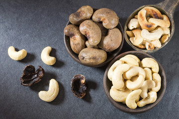 Natural and roasted cashew nut - Anacardium occidentale. Top view