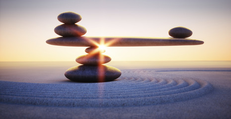 Steine in Balance - Gleichgewicht bei Sonnenaufgang - obrazy, fototapety, plakaty