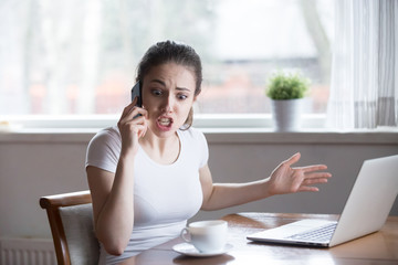 Furious woman argue talking on phone having problems with boyfriend or lover, mad female call...