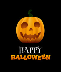 Happy Halloween typographic text and Jack o lantern on black background. Vector illustration