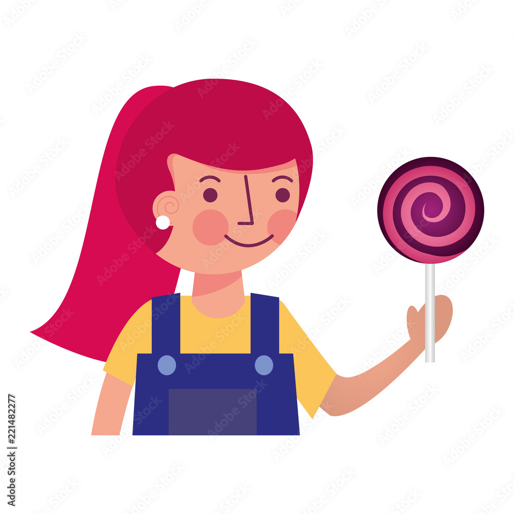 Sticker cute girl holding sweet lollipop snack