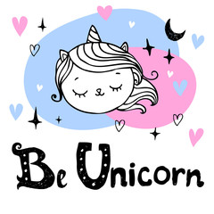 Unicorn cute character with hand written lettering