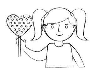 little girl with sweet lollipop in shape heart isolated icon
