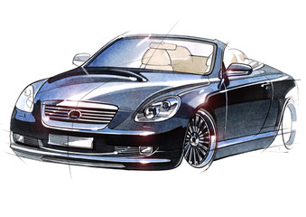 Illustration of a business class car cabriolet. Exclusive drawing with the elaboration of the details of the machine is made on paper.