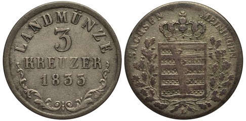Germany German silver coin 3 three kreuzer 1833, Land Saxe-Meiningen, value and date in center,...