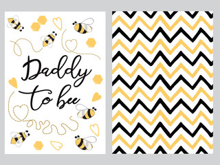 Fathers day banner design set text Daddy to bee decorated bee, zig zag ornament card poster logo
