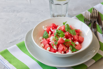 Salad with watermelon, feta cheese and mint