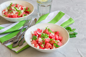 Salad with watermelon, feta cheese and mint