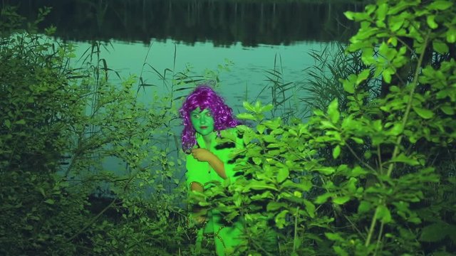 The green witch emerges from the bushes on the shore of the lake at dusk and gingerly looks around.