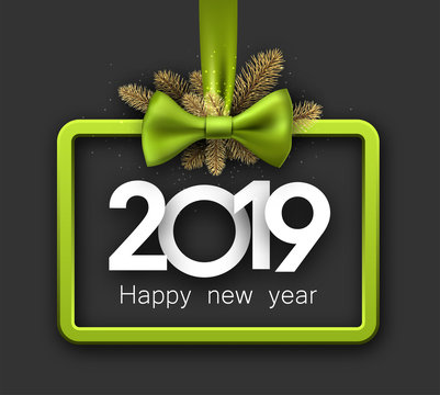 Grey 2019 happy New Year background with green frame and bow.