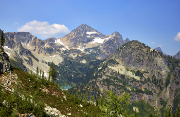 View of Black Peak (located in North Cascades National Park) from the Heather-Maple Pass hiking trail near Rainy Pass, Washington