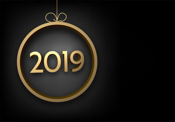 Happy New Year 2019 background with golden Christmas ball.