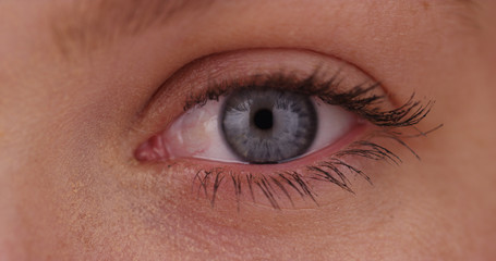 Fototapeta na wymiar Extreme closeup of young white woman's blue eye on green screen