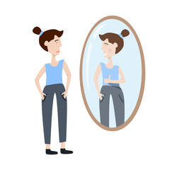 Vector illustration of self acceptance. Young woman watching at her reflection in the mirror