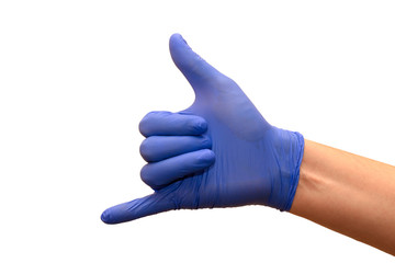 Closeup of a male hand in a blue medical glove showing be in touch or a call sign hand gesture isolated over white background.