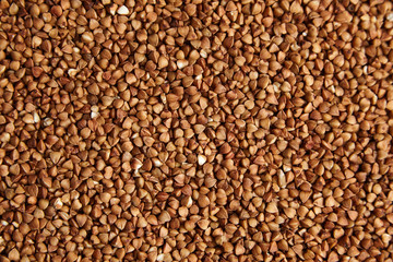 Buckwheat grains. Dry brown kernel as background