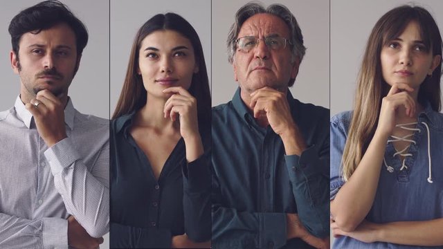 Collage of portraits thinking men and women