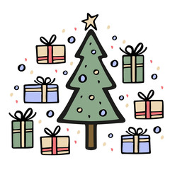 Christmas tree with many gifts around. Hand drawn vector illustration.