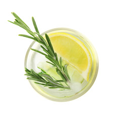 Glass of refreshing lemon cocktail with rosemary on white background, top view