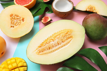 Juicy melon and other fruits on color background