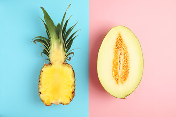 Flat lay composition with melon and pineapple on color background