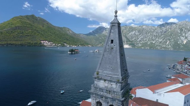 Aerial view of St. Nicholas Church in Perast, Kotor Bay.