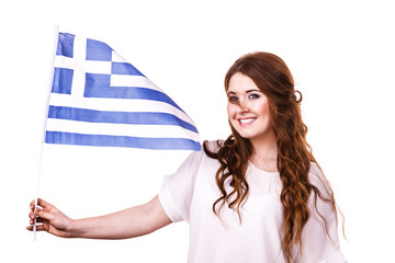 Woman with greek waving flag, on white