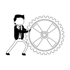 Businessman pushing gear in black and white