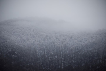 Panorama of the foggy winter landscape in the mountains with snow and rocks, Azerbaijan, Lahic, Big Caucasus
