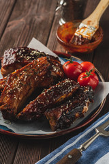 Smoked Roasted pork ribs. Barbeque spicy ribs. Traditional american BBQ food