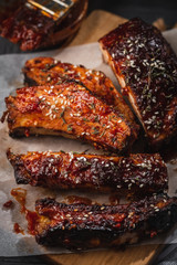 Smoked Roasted pork ribs. Closeup of Barbeque spicy ribs