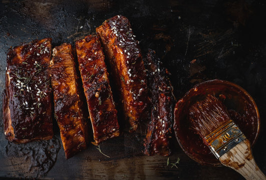 Close up of Smoked Roasted pork ribs.