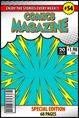 Comic book cover. Background blue and rays yellow.