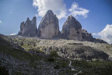 Breathtaking mountain landscape view of iconic Tre Cime di Lavaredo or Drei Zinnen, Sexten Dolomites, Italy in summer. Tourist popular spectacular attraction/destination in Europe