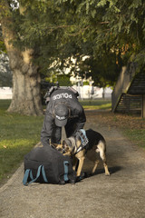 Police officer with his dog checking unknown potentially dangerous bag in park