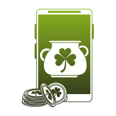 Irish pot on smartphone screen and coins green lines